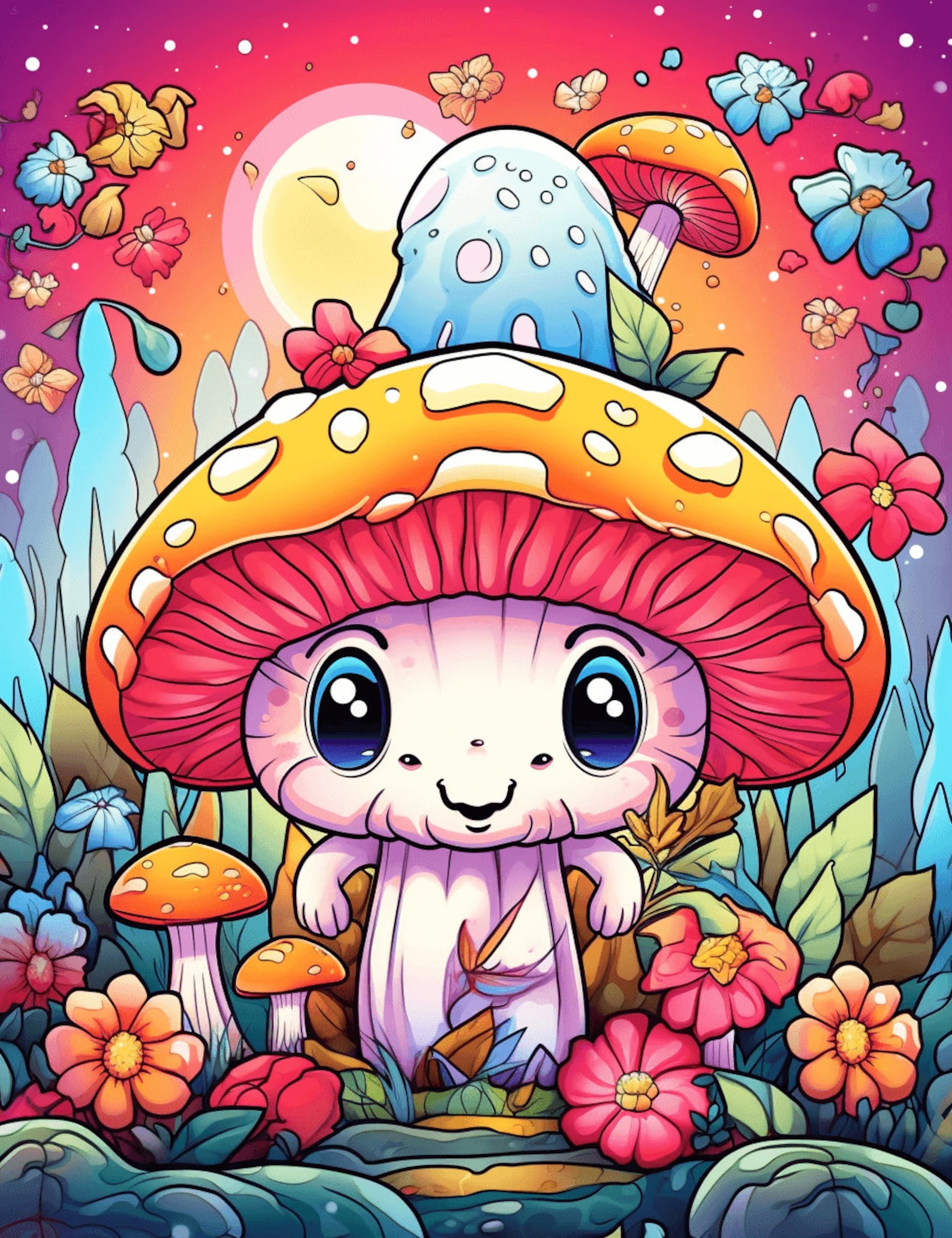 Cute Kawaii Mushroom Coloring Page